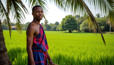 A young man with short hair, wearing a sleeveless red and blue checkered top, stands amidst a vibrant green grass field, framed by palm trees.の素材