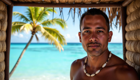 A shirtless man, possibly of Polynesian descent, with short dark hair and a shell necklace, stands under a thatched roof with a palm tree and turquoise ocean in the background.の素材
