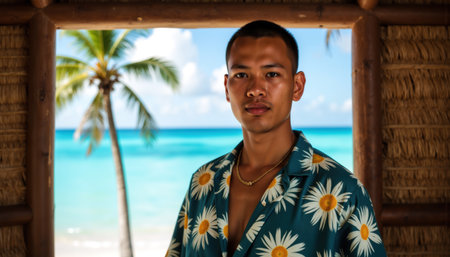 A young man with short dark hair wearing a teal shirt with white daisies stands in a beach hut, with palm trees and turquoise waters in the background.の素材
