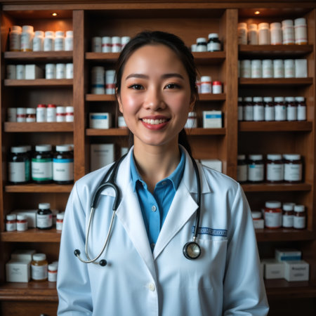 A friendly doctor with a stethoscope, wearing a white lab coat over a blue shirt, stands in front of shelves filled with medication.の素材