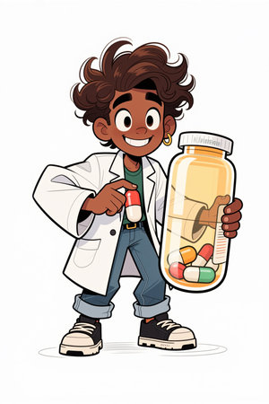 A cartoon boy with brown hair and a white lab coat holding a large pill bottle and a capsule, with a white background, wearing jeans and sneakers, smiling and looking friendly.の素材