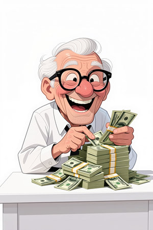Cartoonish elderly man with glasses and white hair, sitting at a white table, surrounded by stacks of dollar bills, holding and pointing at money.の素材