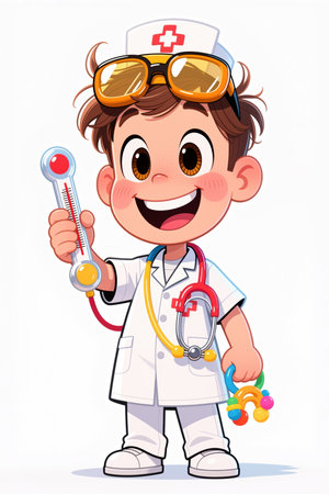 A smiling cartoon boy dressed as a doctor, wearing a white lab coat, nurses cap, and stethoscope, holding a thermometer and a colorful toy against a plain white background.の素材
