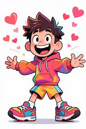 A smiling cartoon boy with spiky hair, wearing a rainbow hoodie, yellow shorts, and colorful sneakers, surrounded by floating pink hearts on a white background.の素材