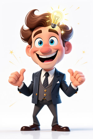 A cheerful cartoon man in a suit with a glowing lightbulb above his head, surrounded by sparkles and stars on a white background.の素材