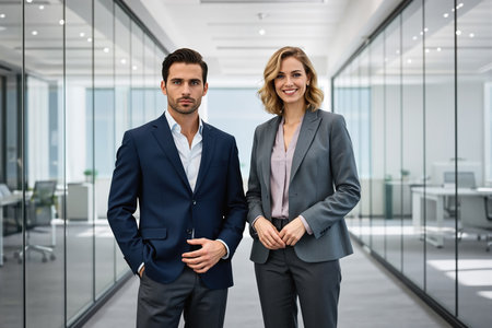 Man and woman in business attire standing together in a sleek office corridor with glass walls.の素材