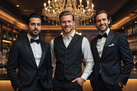 Three men in formal attire stand together in a luxurious bar, likely waiters or bartenders, with a chandelier and wine glasses in the background.の素材