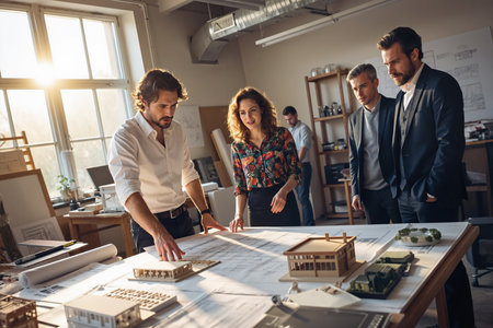 Four professionals, likely architects, examine blueprints and models on a table in a well-lit office.の素材