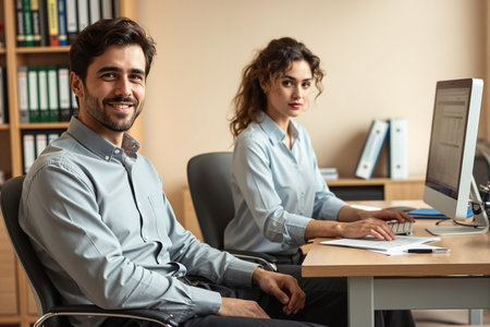 Man and woman in light blue shirts working at a desk with a computer and papers, likely office professionals.の素材