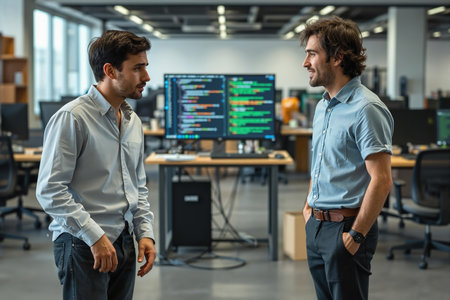 Two men, likely software developers, converse in a modern office with computers and coding screens.の素材
