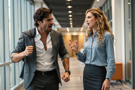 Man and woman in business attire having a heated argument in a modern office hallway.の素材