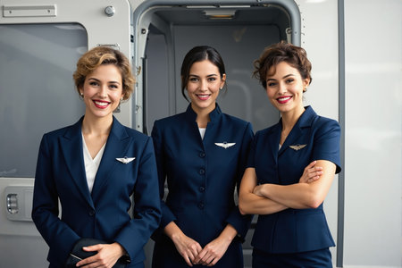 Three women in navy blue flight attendant uniforms standing in front of an airplane door, smiling and posing for the camera, showcasing their professional attire.の素材