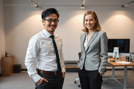 Man and woman in business attire standing in a well-lit office with a desk and computer.の素材