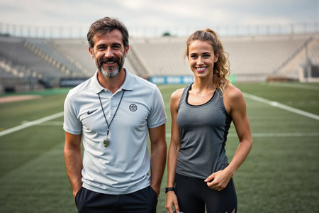 A man and woman standing together on a sports field, likely a coach and athlete, both smiling and looking directly at the camera.の素材