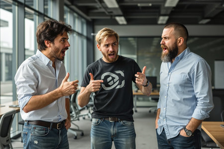 Three men, likely coworkers or colleagues, standing in a modern office, engaged in a heated discussion or debate, gesturing and expressing strong emotions.の素材