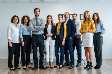 Diverse group of businesspeople standing together in a modern office setting, likely colleagues or team members.の素材