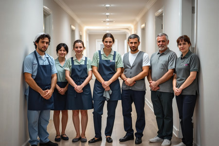 Group of seven people, likely hospital staff, standing in a long corridor. Three wear blue aprons, while others wear gray or green polo shirts.の素材