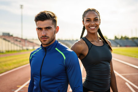 Two athletes, a man and woman, stand on a track, wearing athletic wear, with a stadium in the background, suggesting a training session.の素材