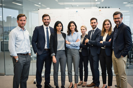Eight business professionals, four men and four women, standing together in a modern office with a whiteboard behind them, likely a team or colleagues.の素材