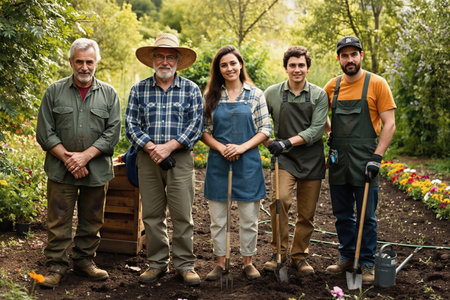 Group of gardeners in a lush garden, wearing aprons and holding gardening tools, surrounded by flowers and trees.の素材