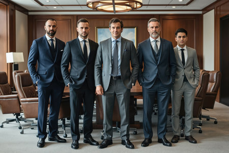 Five men in formal attire stand together in a professional conference room setting.の素材