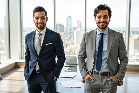 Two men in suits stand confidently in a bright office with a city view, likely business professionals or executives.の素材