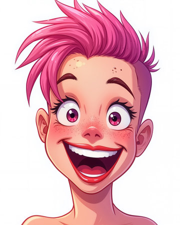 Vibrant anime-style illustration of a girl with pink hair and expressive eyes, conveying joy and excitement on a clean white background.の素材