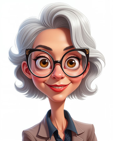 Illustration of a smiling woman with big brown eyes and gray hair, wearing black glasses and a brown jacket, conveying a friendly and approachable atmosphere.の素材