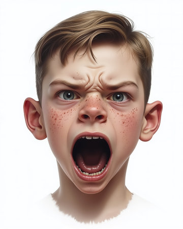 A realistic digital illustration of a distressed young boy with acne and a furrowed brow, screaming with a white background and visible emotions on his face.の素材