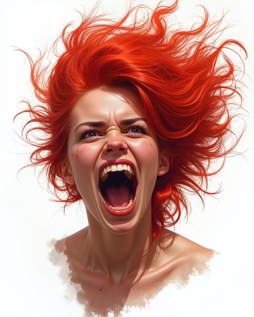 A hyper-realistic digital painting of a woman with vibrant red hair, screaming with an open mouth, conveying a strong emotion of anger or frustration, set against a white background.の素材