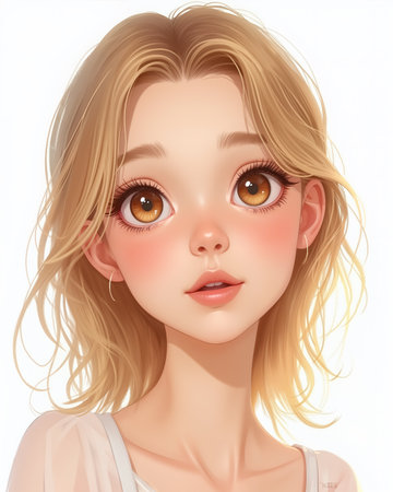 A digital illustration of a young woman with blonde hair and big brown eyes, soft features, and a gentle smile on a white background.の素材