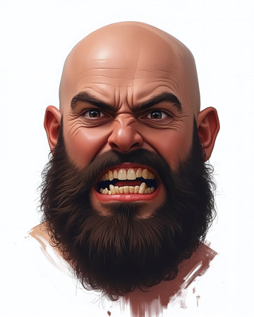 A realistic digital illustration of a bald man with a thick beard, showing an angry face with furrowed eyebrows and a scowling expression, on a white background with subtle brush strokes.の素材