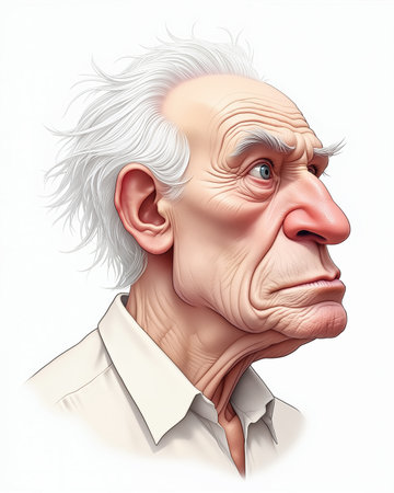 A realistic digital illustration of an elderly man with a contemplative expression, white hair, and wrinkled skin, set against a plain white background.の素材