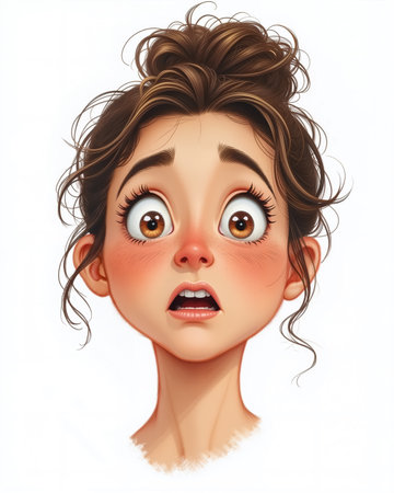 A cartoon-style illustration of a young girl with a shocked expression, wide eyes, and messy brown hair on a white background, conveying astonishment.の素材