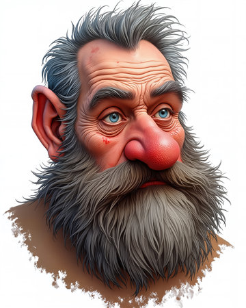 A detailed, realistic illustration of an old man with a long gray beard, blue eyes, and a red nose, conveying a sense of intensity and scrutiny against a white background.の素材