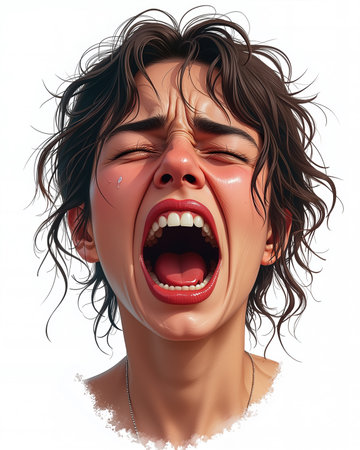A digital illustration of a young woman screaming with a heart-shaped tongue, her face contorted in anguish, against a stark white background.の素材