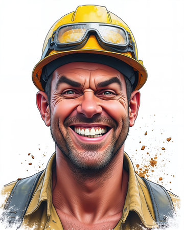 A cartoon-style illustration of a smiling man wearing a yellow hard hat and goggles, with a dirty and worn appearance, conveying a sense of joy and friendliness.の素材