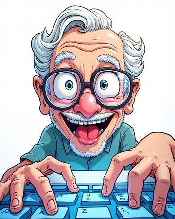 A cartoon elderly man with a joyful expression, wearing glasses, and typing on a blue keyboard, conveys excitement and eagerness, with a white background.の素材