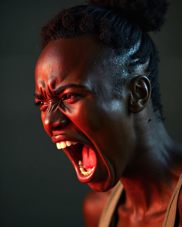 A young black woman, with dark skin and braided hair, displays intense anger and frustration with a loud scream and visible teeth.の素材