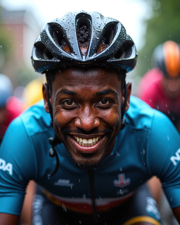 Smiling dark-skinned man with a black helmet and blue cycling jersey, showing happiness and enthusiasm while cycling in the rain.の素材
