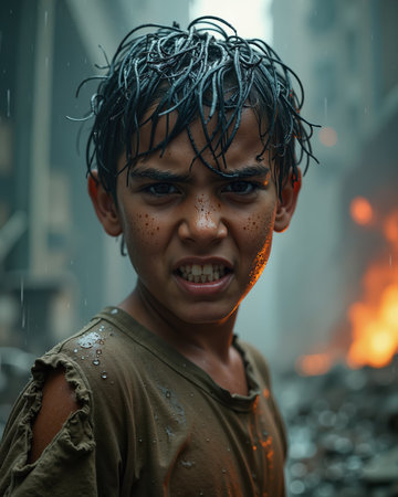 A young boy with a fierce expression, wet hair, and torn shirt, stands in the rain with a fiery background, conveying a sense of resilience and determination.の素材