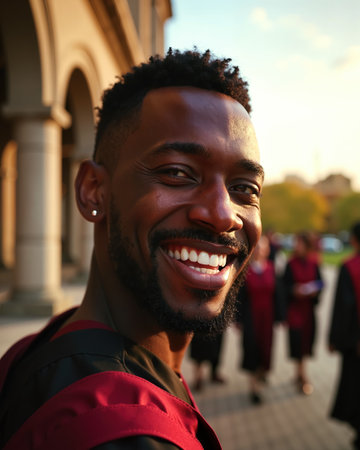 Young man, likely a graduate, with dark skin and short, curly hair, smiling and showing white teeth, wearing a red and black robe, with a joyful facial expression.の素材