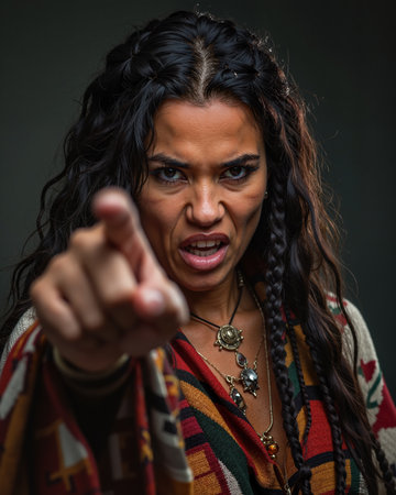 Woman with long dark hair and braids, pointing and frowning intensely, conveying anger and frustration with her facial expression and body language.の素材