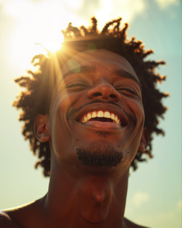 Young man with dark skin and curly hair laughing joyfully with eyes closed, showing bright white teeth and a wide, happy smile, basking in warm sunlight.の素材