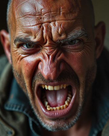 A bald man with a furrowed brow, intense gaze, and open mouth revealing yellowing teeth, conveying a strong sense of anger or frustration.の素材
