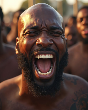 A dark-skinned man with a bald head, beard, and tattoo, shouting with a wide-open mouth and closed eyes, conveying a strong emotion.の素材