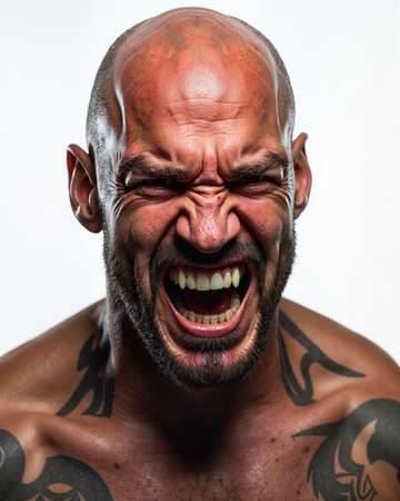 A bald man with tattoos on his shoulders is shouting with an open mouth, showing his teeth, and has an angry facial expression with furrowed eyebrows.の素材
