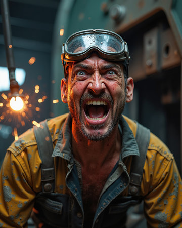 Man with goggles on head, yelling with wide open mouth, intense expression, dirty yellow shirt, sparks flying around him, in a workshop or factory setting.の素材