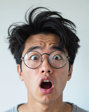 Astonished young man with black hair, round glasses, and a surprised face, eyes wide, eyebrows raised, and mouth agape.の素材