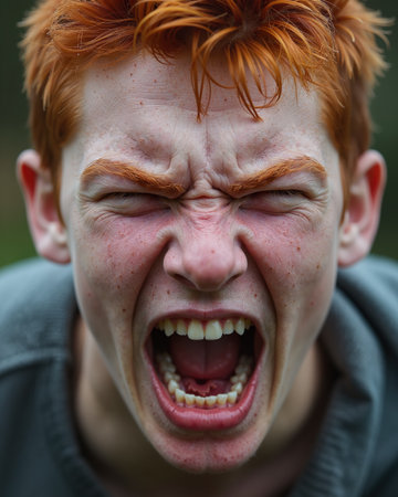 Red-haired young man with freckles, screaming loudly with eyes shut, showing, and displaying a fierce teeth expression with wrinkles around his nose and mouth.の素材